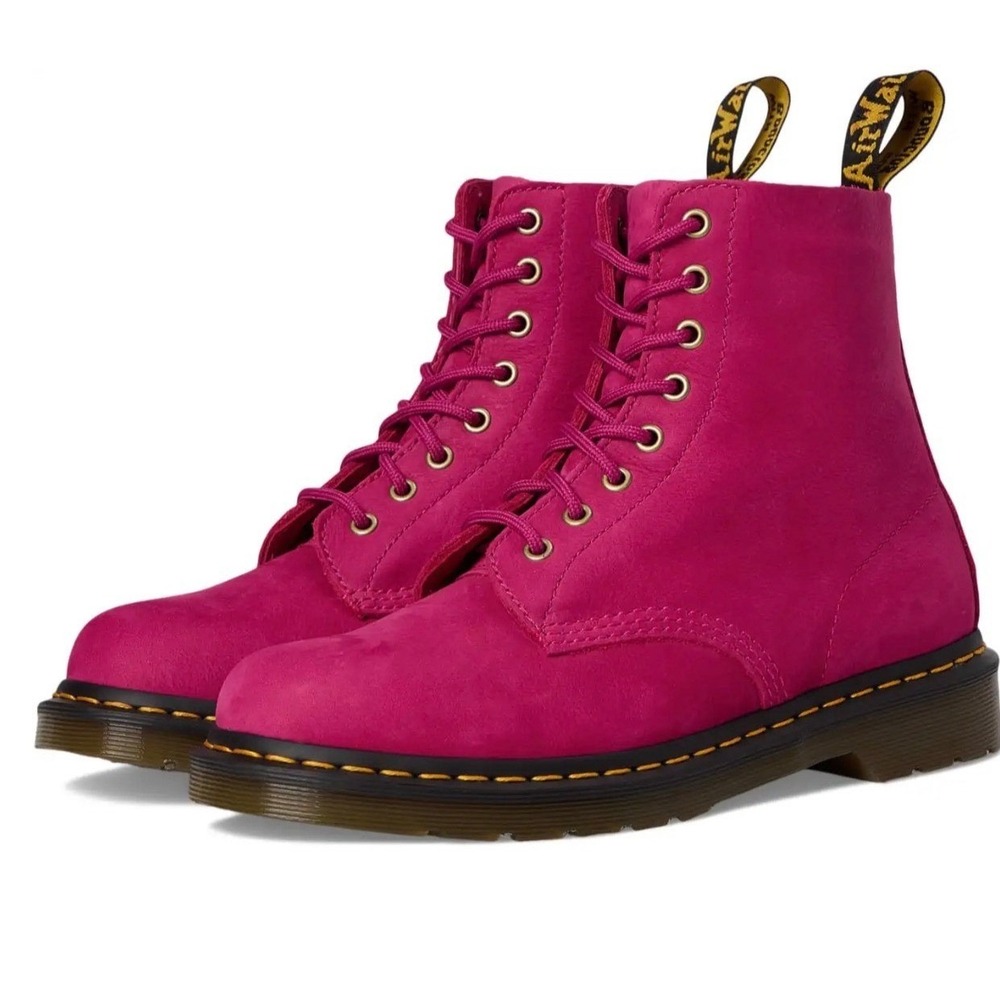 Dr. Martens 1460 Pascal Milled Nubuck Lace Up Boots fuchsia pink yellow stitch